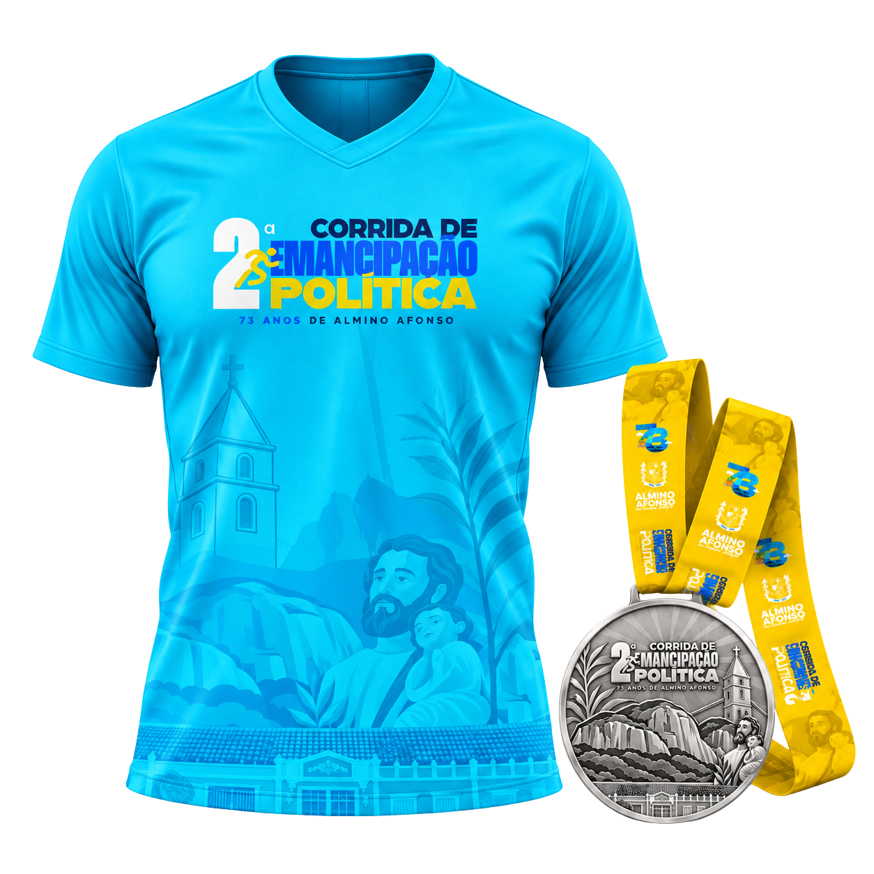 Camisa ciano da corrida com ilustrações de Almino Afonso e medalha prateada com tirante amarelo